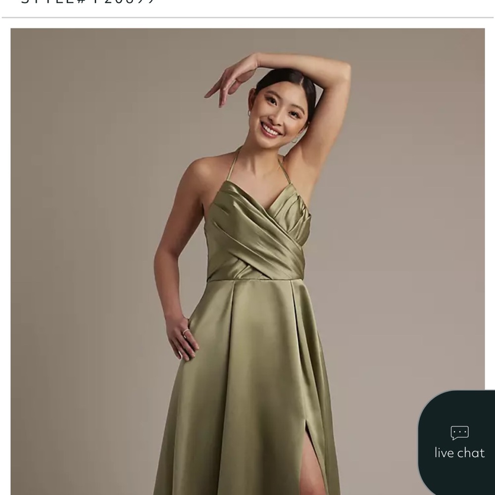 DAVID’S BRIDAL SATIN CRISSCROSS BODICE BALL GOWN BRIDESMAID DRESS EUCALYPTUS